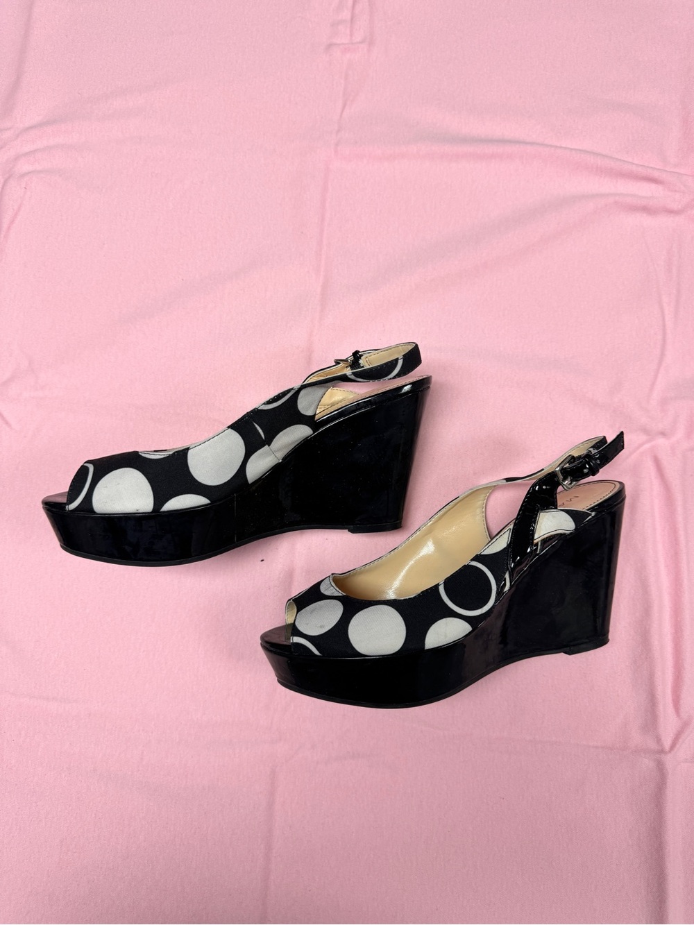 Marc Fisher Black and White Polka Dot Wedge Sandals